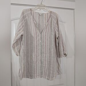 J. Jill Love Linen Multicolor Striped Rolltab Tunic Button Down Shirt